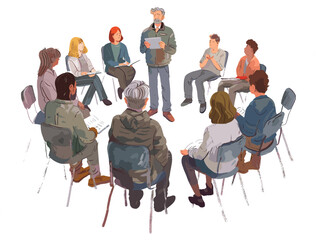 Animated Illustration of Writing Workshop: Professor Guiding Students in Honing Critical Thinking and Writing Proficiency