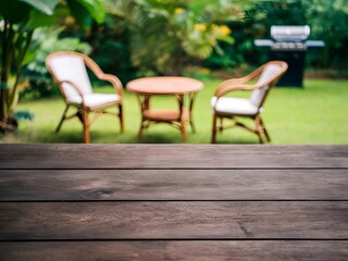 Empty wooden table on garden background, product display, copy space