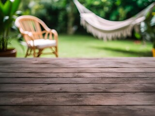 Empty wooden table on garden background, product display, copy space