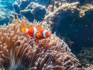 Sea anemone and clown fish in marine aquarium. Bright orange and white clown fish with thickets of anemones and corals - obrazy, fototapety, plakaty