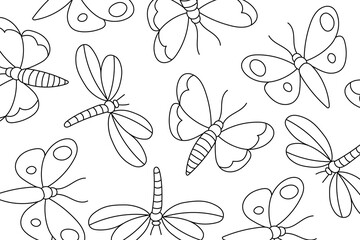Insects line art coloring page. Mindful coloring activity. Stress relief coloring page. Butterfly and dragonfly vector illustration - 792709800