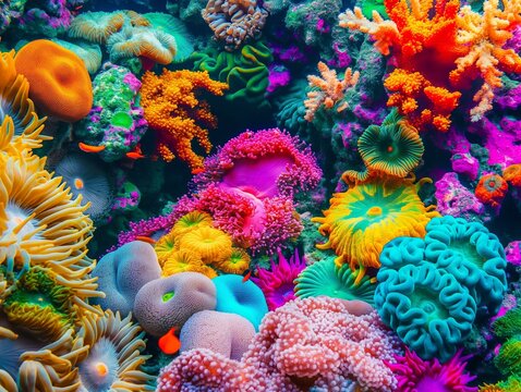 reef with colorful living organisms,magical beauty of a coral reef with rainbow coloring