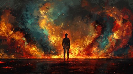 Obraz premium A man standing in front of a large fire and flames, AI