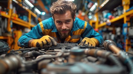 A technician using diagnostic equipment to identify issues with a car's engine in a well-equipped automotive service center garage