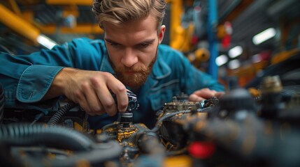 A technician using diagnostic equipment to identify issues with a car's engine in a well-equipped automotive service center garage