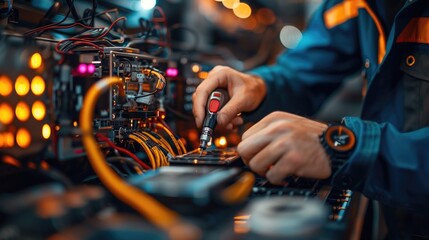 A technician using diagnostic equipment to identify issues with a car's engine in a well-equipped automotive service center garage