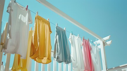 Freshly washed colorful clothes are hanging out on the sunny balcony banner