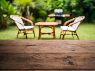 Fototapeta premium Empty wooden table on garden background, product display, copy space