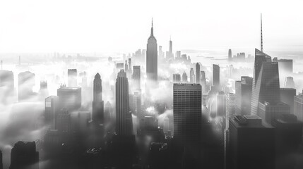 Obraz premium A black and white photo of a city skyline with fog, AI