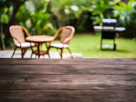 Empty wooden table on garden background, product display, copy space