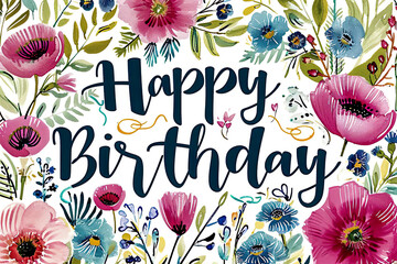 Happy Birthday quote surrounded by flowers, illustration, birthday background