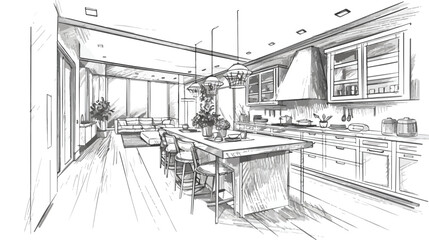 Freehand sketch of mansion or summer cottage interior