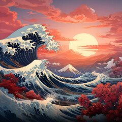 Seascape with waves on the background of the sunset.  illustration.