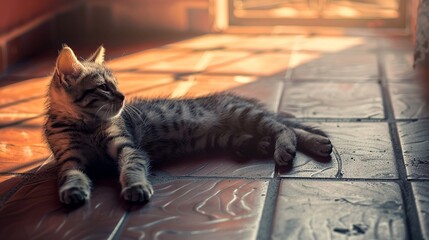 Gatto sdraiato su un pavimento di cotto