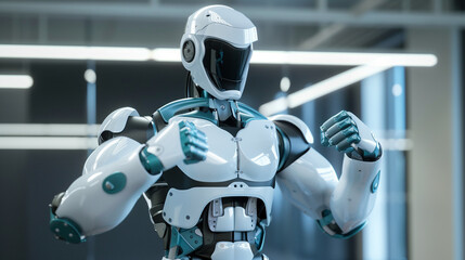 A robot designed as a fitness coach is standing in a room, ready to assist and guide individuals in their workout routines. Copy space.