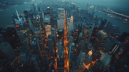 Grattacieli di New York,  città vista in prospettiva dall'alto, atmosfera notturna.