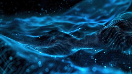 Glowing blue wireframe wavy topographic tech background. Generative AI