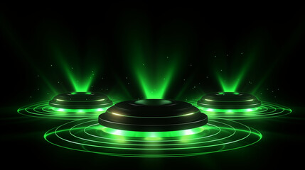 Bright neon speakers on a table emitting dynamic green light. Background. Wallpaper.