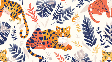 Funny feline with tropical plants seamless pattern. C