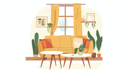 Furniture sofa window table and plants. Living room illustration