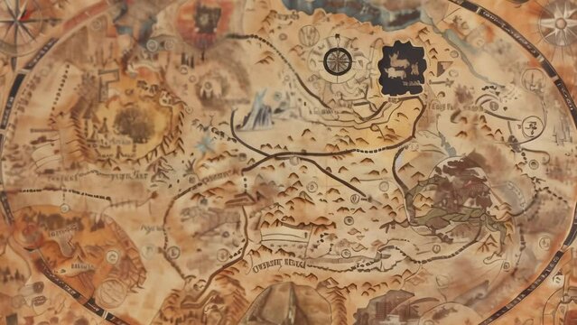 Intricately detailed fantasy map in a vintage style, featuring complex terrain, mysterious locations and ancient landmarks. Evokes a sense of adventure, lore and worldbuilding from a bygone era.
