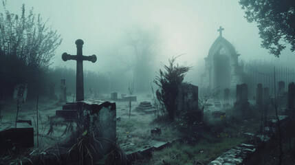 A cemetery with a prominent cross standing in the center, surrounded by overgrown foliage and aged tombstones, mist - obrazy, fototapety, plakaty