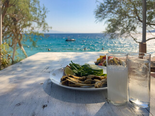 Delicious meze plate and a glass of ouzo (or raki) in front of beautiful aegean sea view.