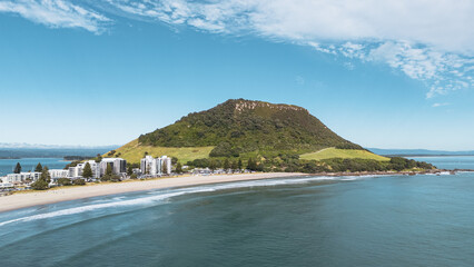 Aerial view of a mountain from the beach in Mount Maunganui, New Zealand