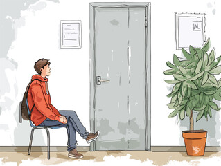 Nervous Student Thesis Defense: Anxious Moments Before Final Exam in Animated Illustration