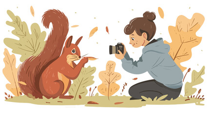 Girl feeding a squirrel in the forest. Man photograph