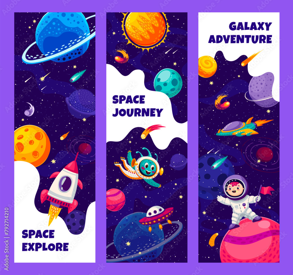 Poster galaxy adventure and space explore banners. cosmos exploration, space research vector background wit