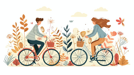 Young man and woman riding on bicycles in the park. 