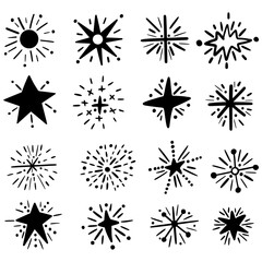 Set of abstract stars. Doodle. Hand drawing. Explosion. Simple style