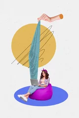 Foto auf Leinwand Trend artwork 3D collage image of young pinup lady type sit on beanbag hold laptop in hand huge hand in air oull text from device screen © deagreez