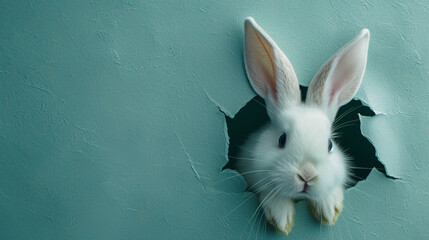 .The Easter bunny looks out of a hole - obrazy, fototapety, plakaty
