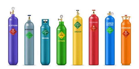 Realistic gas cylinders of hydrogen, oxygen, propane and acetylene compressed gas, vector metal balloons. LPG canisters or gas storage barrels with label of helium, argon, carbon dioxide and nitrogen