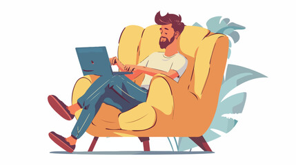 Young man is relaxing on comfortable chair and using