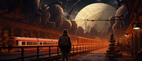A lonely figure stands on a train platform as a futuristic train approaches in the distance. The full moon hangs low in the sky. - obrazy, fototapety, plakaty