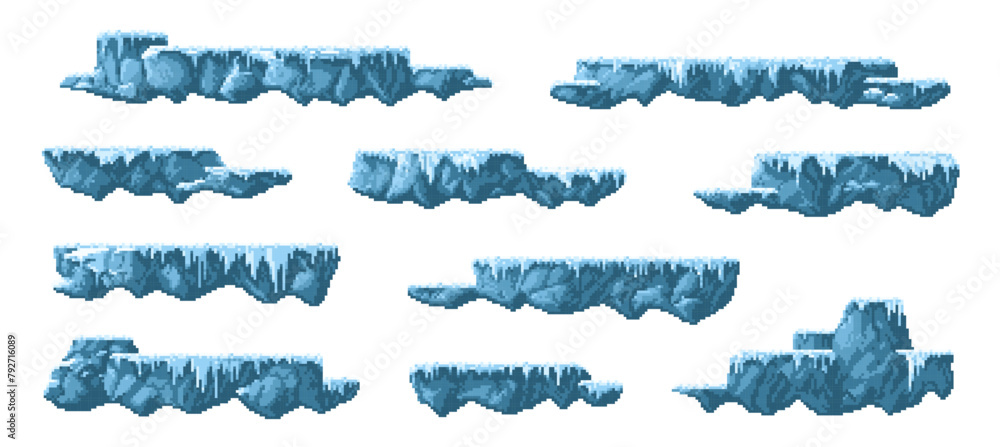 Poster 8bit arcade pixel art game ice and snow platforms. mobile arcade environment cubic vector islands. v