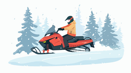 Young man riding Snowmobile isolated. Winter forest l