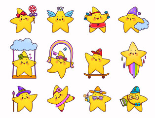 Cartoon cute funny kawaii stars and twinkle characters. Happy little stars vector personages with cloud, rainbow, lollipop candy and princess crown, riding skateboard, dancing, doing sport exercises