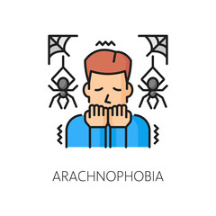 Person mental anxiety, human phobia, arachnophobia psychology problem line color icon. Mental disorder, people psychology or phobia fear thin line vector pictogram or sign with man scared of spiders