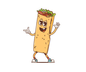 Cartoon retro Mexican burrito groovy character dance and gesturing to the funky beat of disco music. Isolated vector shawarma comic fast food personage, vintage nostalgic dancer with 60s or 70s vibes
