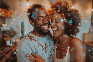 Intimate couple sharing laughter in a confetti shower at home