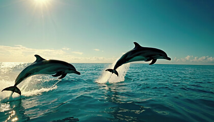 Fototapeta premium A pod of dolphins gliding in the open ocean at sunset