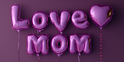 Purple Mother's Day background with love mom text made of balloon letters