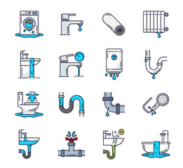 Color plumbing service icons. Toilet, clogged pipe, drain, bathroom and shower problems. Sewage cleaning, plumbing service or pipe unclog line vector icon with washing machine, toilet, bath and faucet