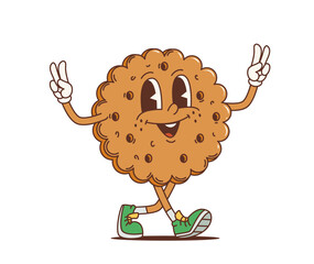 Cartoon retro cookie groovy character or funky pastry as 70s hippie, vector comic personage. Happy groovy cookie with face and peace fingers sign gesture, 70s hippie or hipster art dessert character