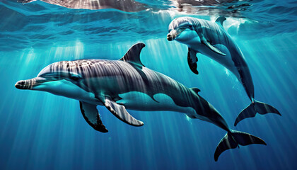 a group of dolphins swimming in the water