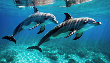 a group of dolphins swimming in the water